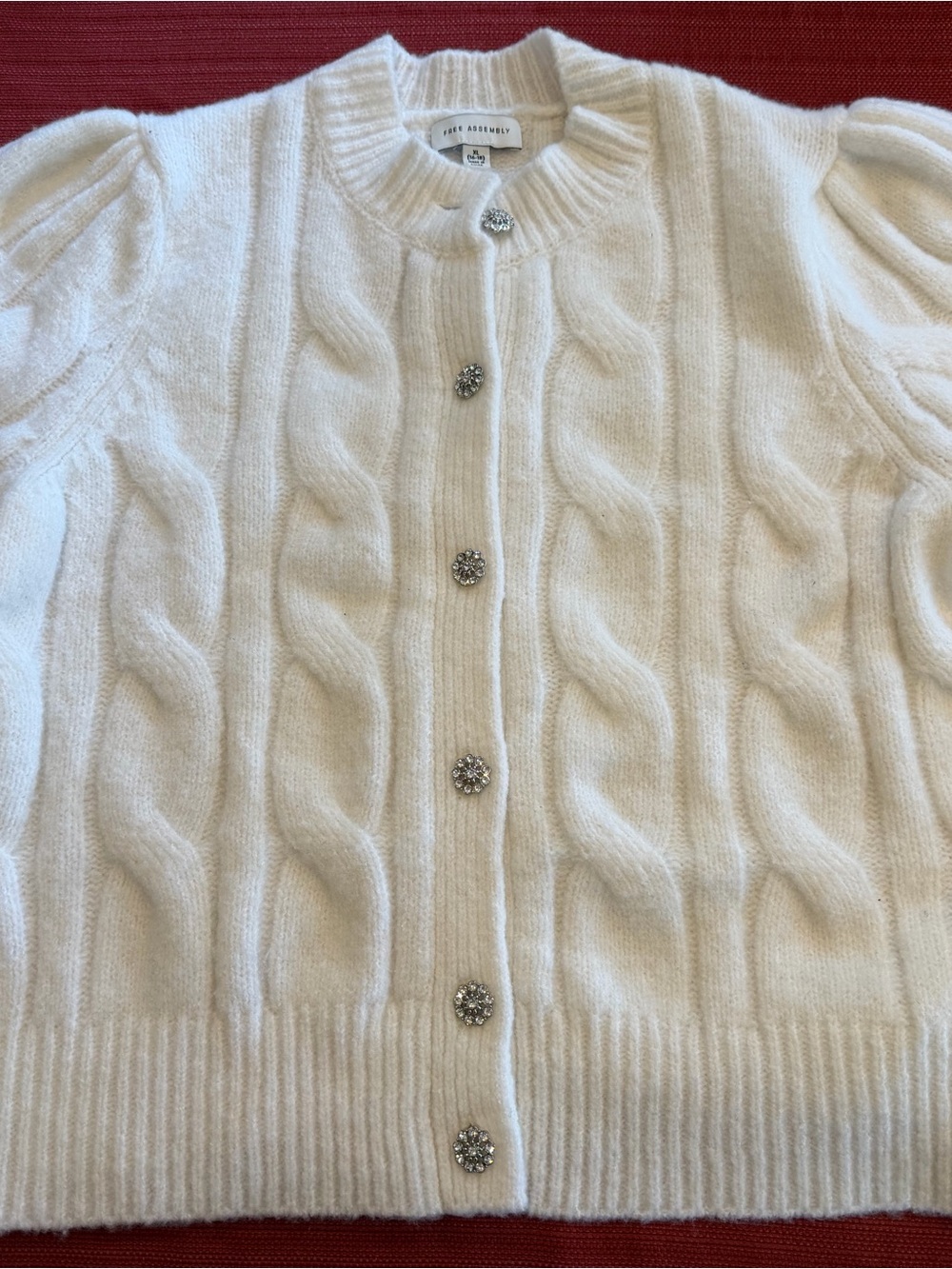 Free Assembly Cable-Knit Puff Sleeve Cardigan with Crystal Buttons